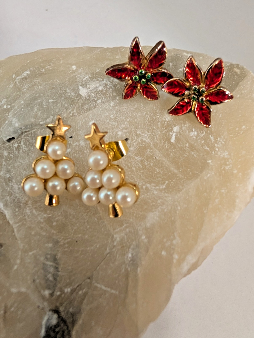 2 holiday stud earrings SET: xmas pearl tree gold topper | red holy new backings